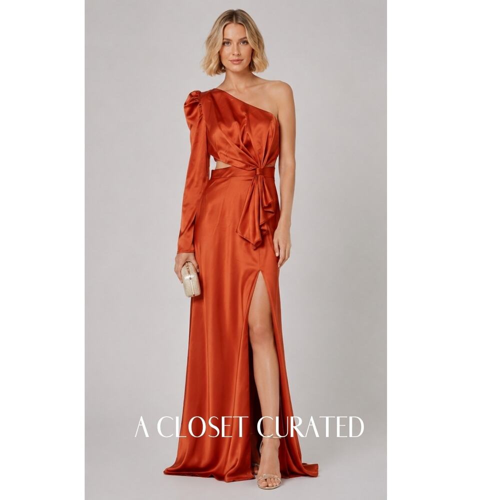 Mac Duggal Satin Puff Sleeve Column Gown 8 Orange NWT Style 49570